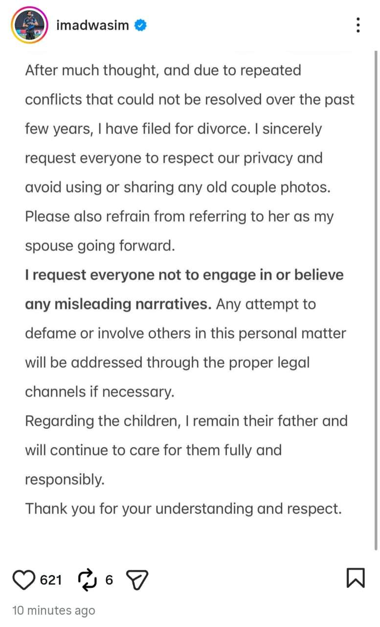 Pakistani cricketer Imad Wasim announces divorce from wife Sannia Ashfaq